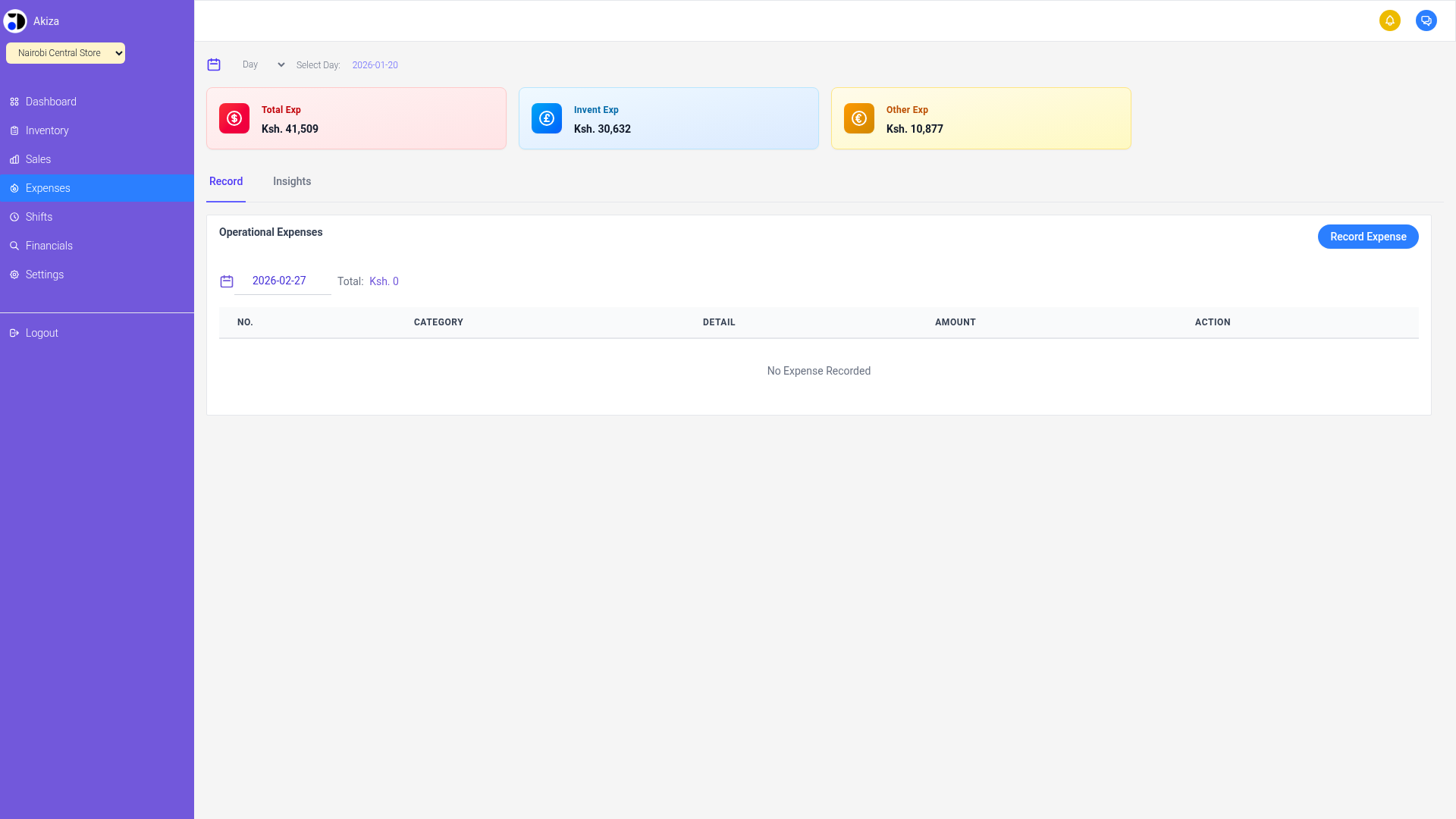 Akiza expense tracking
